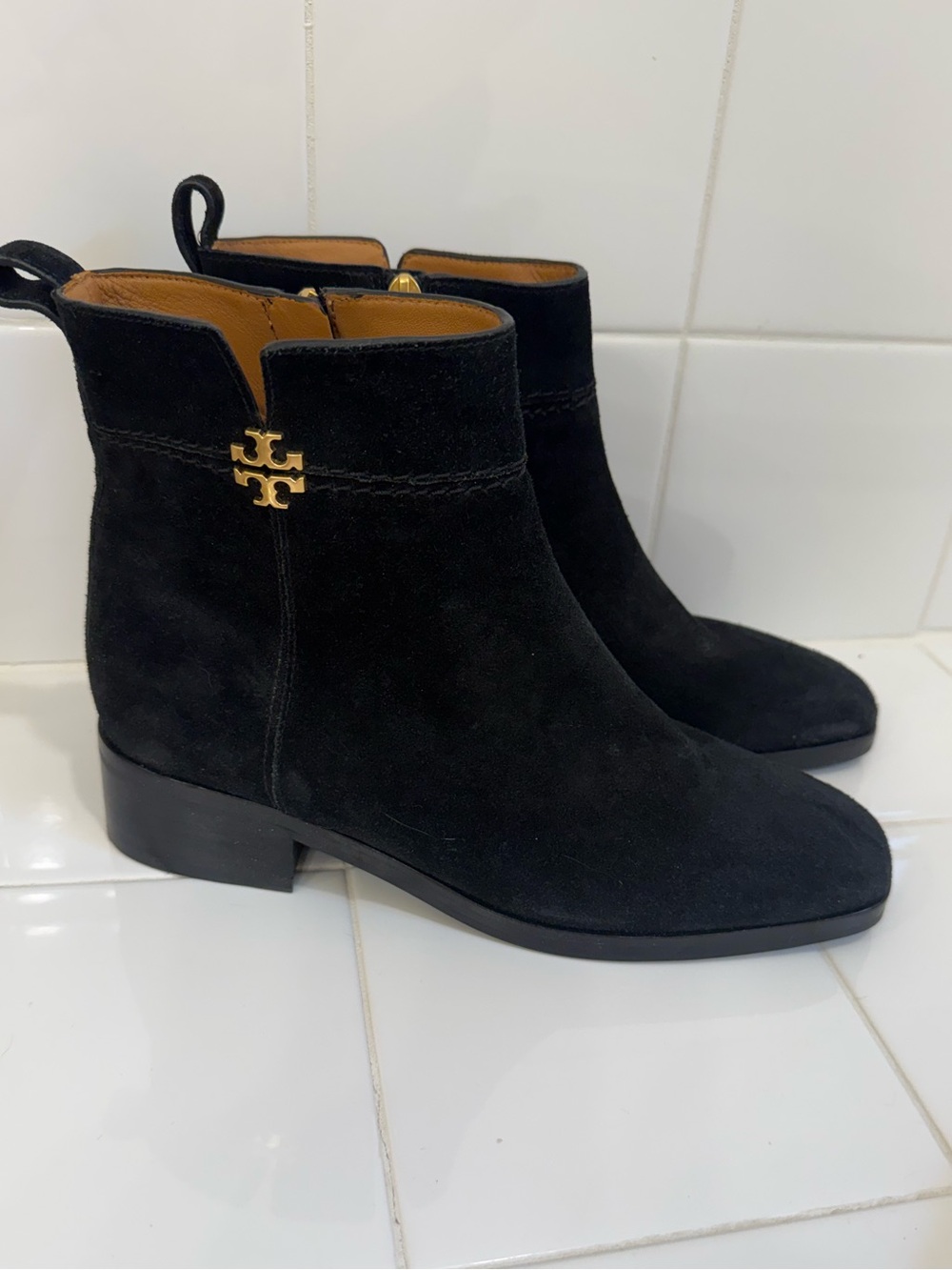 Tory Burch Black Suede Ankle Booties with Gold Logo